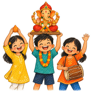 Cute Cartoon Kids Carrying Lord Ganesha Idol for Ganpati Bappa Morya Celebration Banner