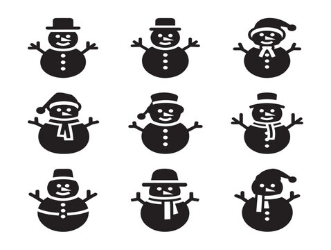 Set of black snowman silhouette icons for winter holiday design and Christmas graphics