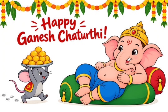 Cute Baby Ganesha Relaxing with Mouse Mooshak Carrying Laddu Plate for Happy Ganesh Chaturthi Banner