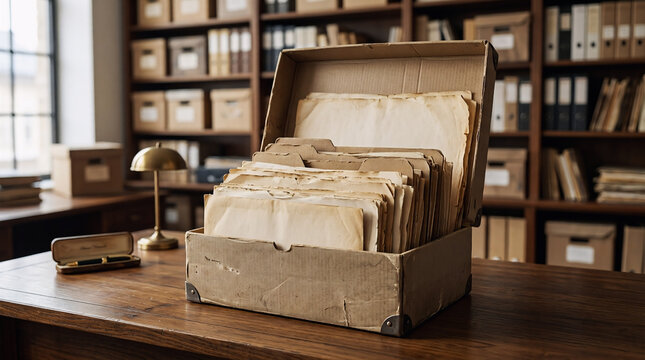 Open vintage cardboard box filled with old documents on a desk with a lamp
