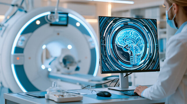 High-tech medical room featuring MRI scanner and computer monitor displaying brain scan, symbolizing advanced healthcare and diagnostics, with copy space