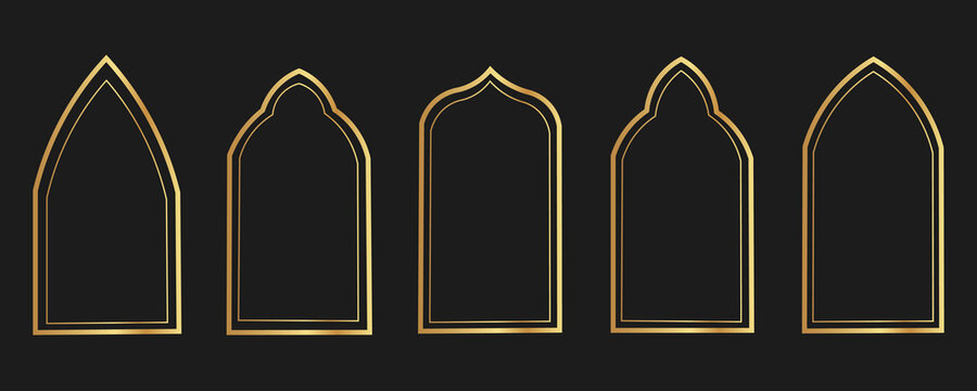 Thin gold metal pointed arch frame set. Golden arc border collection. Art deco shining curve cadre bundle. Vector glowing shiny boarder element pack for photo, poster, card. Door or window shapes