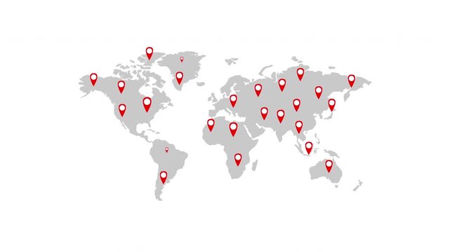 Pin location world map animation showing global virus spread