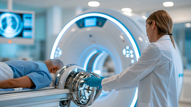 Faceless radiographer preparing male patient for CT scan in modern hospital, comprehensive advanced medical imaging and diagnostic technology, with copy space
