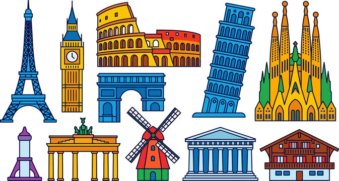 World landmarks collection features famous architectural monuments from Europe and around the globe.