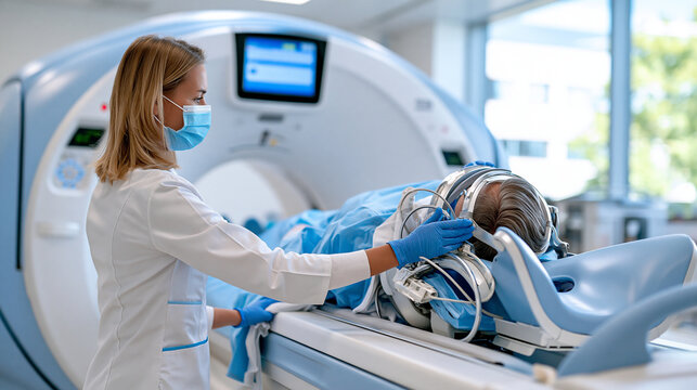 Faceless radiographer preparing male patient for CT scan in modern hospital, comprehensive advanced medical imaging and diagnostic technology, with copy space
