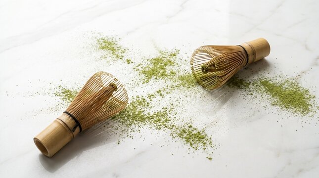 Chasen and matcha powder on marble