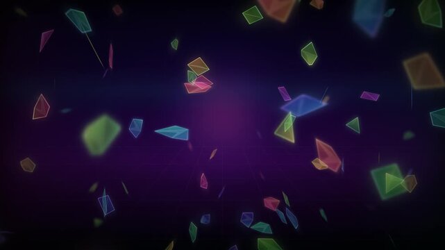 Neon geometric shards floating synthwave retro grid background 4k loop. Futuristic synthwave neon shards storm background