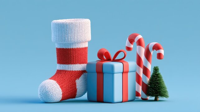 Christmas morning clipart, stocking, wrapped present, candy canes and miniature tree, cheerful family-friendly design, 3D render illustration. 