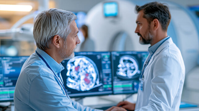 Faceless doctor analyzes spine scan showing red hotspots on monitors in diagnostic room, CT scanner machine visible in background, modern medical tech, with copy space