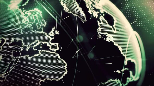 A futuristic video representation of Earth with a digital green glow