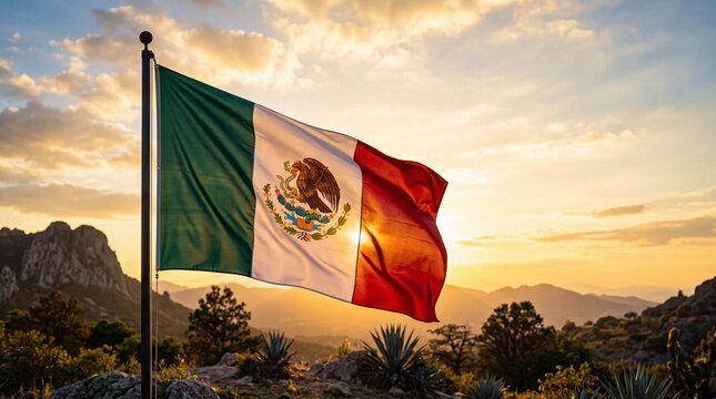 Mexican flag waving proudly against a dramatic mountain landscape during a golden sunset celebrating D&iacute;a de la Independencia de M&eacute;xico