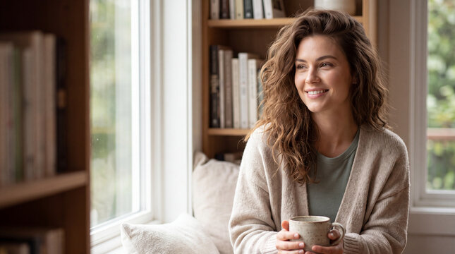 Smiling woman with curly hair enjoying a warm drink at home, sitting by a bright window in a cozy reading nook with bookshelves and soft natural light indoors