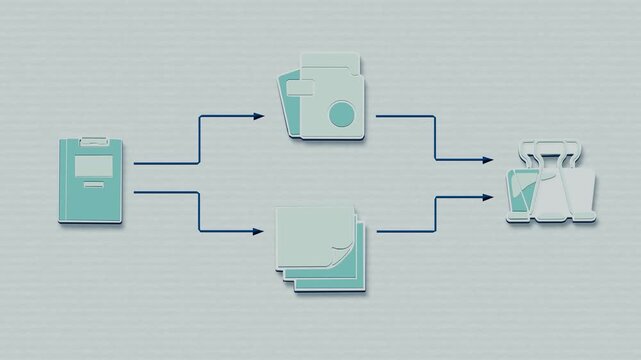 Chart preparation proceeds from folder to tab divider to forms, organizing the paperwork into a single bedside record. Flat 3D style with smooth matte surfaces.
