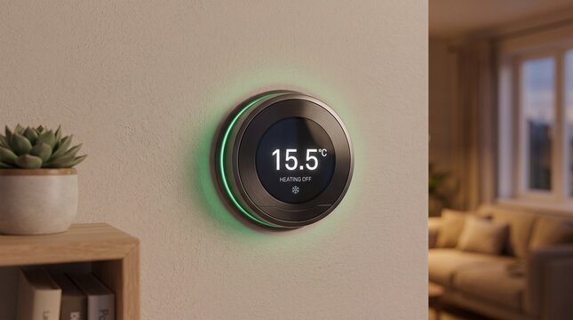 Modern smart thermostat showing current temperature 15.5&deg;C heating off with green light.