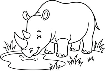 Obraz premium Cute cartoon rhinoceros drinking water from a pond, coloring page for kids