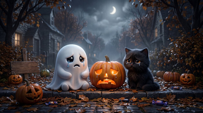 Sad ghost and crying cat sitting with carved pumpkin at night