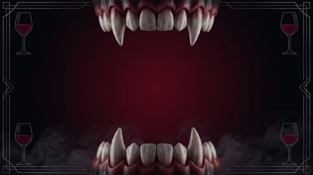 Vampire blood drinking halloween horror design with sharp fang and dark crimson smoke. Horror fear evil dracula monster. dark gothic fantasy mystery night, elegant wine party