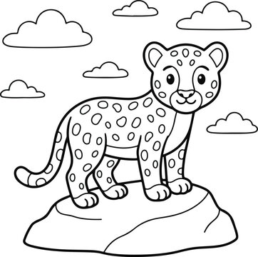 Cute cartoon leopard standing on a rock with clouds in the sky, coloring page for kids