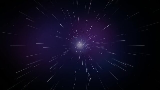 Flying through hyperspace starfield speed of light travel background 4k loop. Deep space starfield warp travel animation purple nebula glow loop