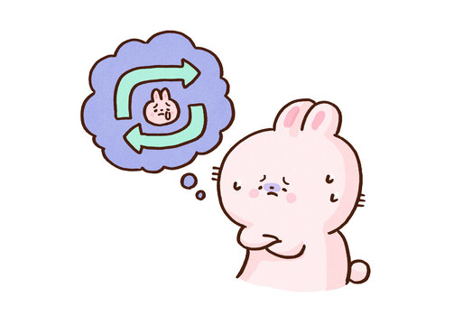 Rabbit repeatedly playing back past failures in its head, rumination or negative thinking mental health concept