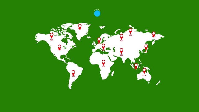 Global network pin location world map with connection lines