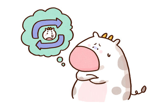 Cow repeatedly playing back past failures in its head, rumination or negative thinking mental health concept
