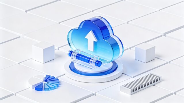 Transparent blue cloud upload symbol with analytics charts and digital data elements on geometric platform, idea for cloud computing, online storage, backup and information transfer