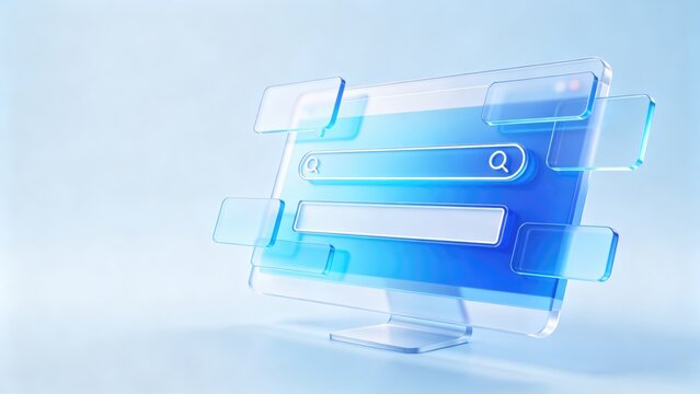 Transparent computer screen with search bar and floating blue interface elements in futuristic glass style, idea for website design, online search, digital platform and user experience