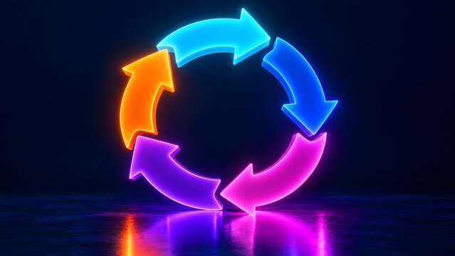 3D Glowing Neon Circular Arrows Representing Continuous Business Process and Agile Workflow Cycle