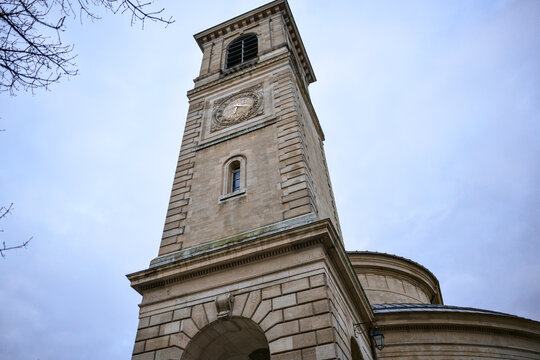 Saint-Germain-en-Laye church clock tower viewed from below