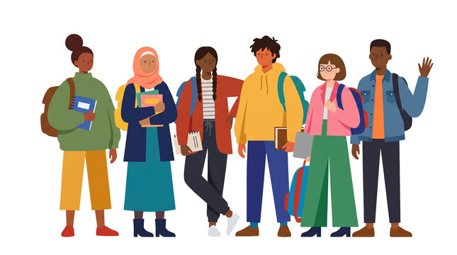 Diverse Group of International Students with Backpacks and Books Illustration