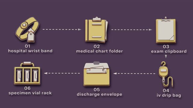 Patient documentation follows a winding path through admission, chart review, diagnosis and treatment to discharge, reversing direction in the second row. Flat 3D style with smooth matte surfaces