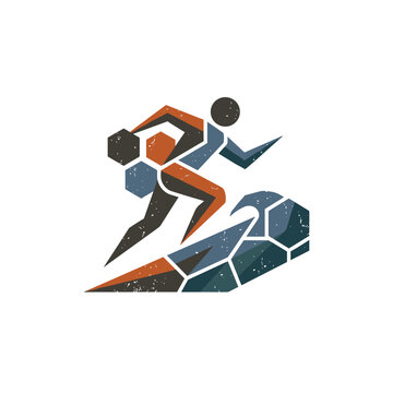Abstract geometric runner logo featuring stylized athlete figure composed of hexagonal and polygonal shapes with vintage distressed texture on white background.