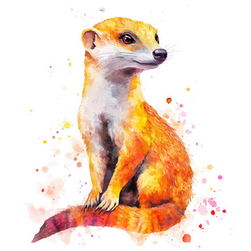 Mongoose watercolor artwork, clean semi-realistic fantasy style, soft magical glow, white background