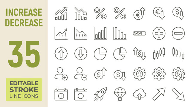 Editable Stroke Line Icons Set Showing Increase and Decrease Trends with 35 Unique Symbols