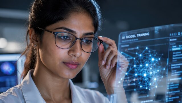 Professional woman wearing glasses studying AI model training data on digital screen, focused technology researcher analyzing neural network visualization, artificial intelligence and innovation conce