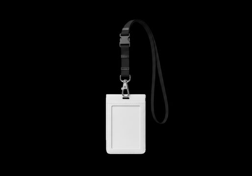 Blank id card badge with a black neck lanyard strap isolated on transparent background