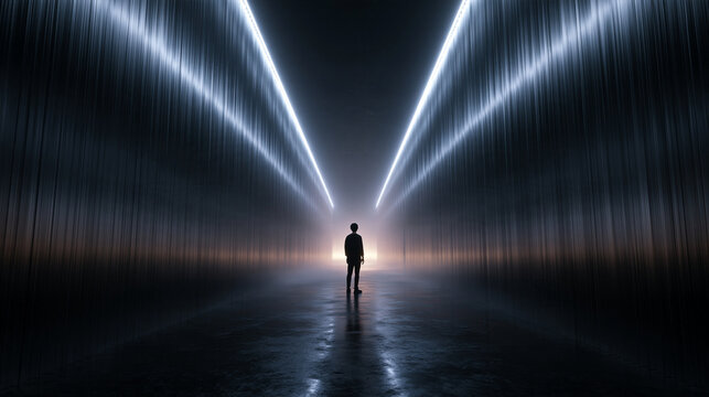 Silhouette of Person Standing in Futuristic Neon Light Corridor