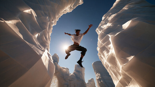 Young Man Leaping Dynamically Between White Rocks in Sunlight