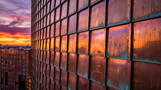 Modern Copper Facade Reflecting Vibrant Sunset Sky