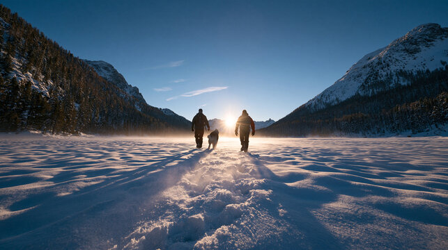 Hikers Walking with Dog Across Snowy Mountain Landscape at Sunset