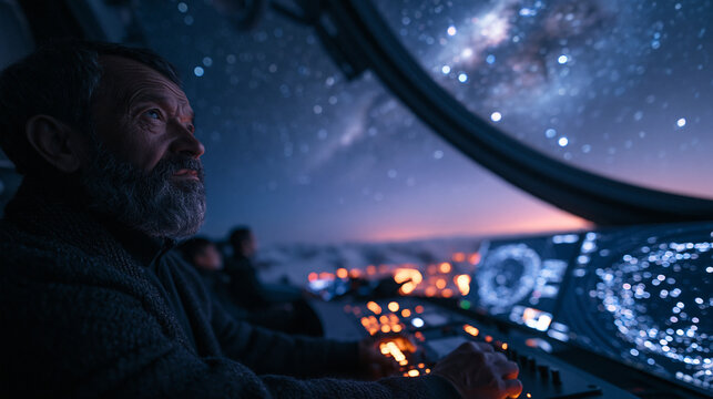 Astronaut Looking at Stars from Spaceship Cockpit Window