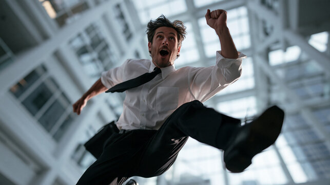 Businessman Leaping in Hurry Through Modern Corporate Building