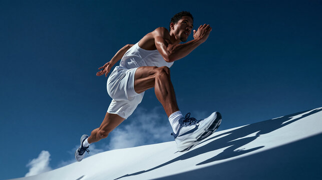 Male Athlete Sprinting Up Sand Dune Under Blue Sky