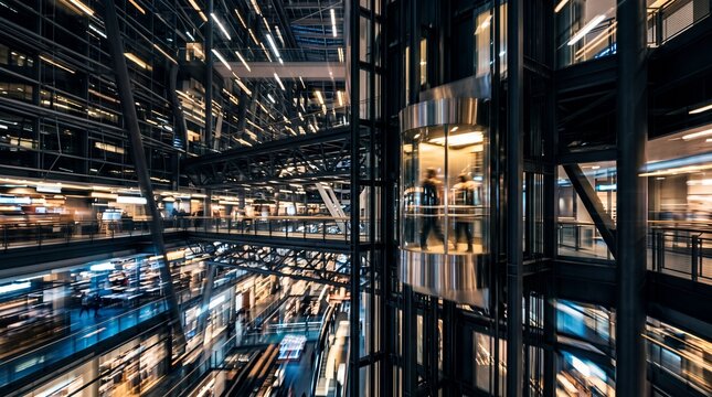 Modern Glass Elevator Moving in Futuristic Multi Level Architecture