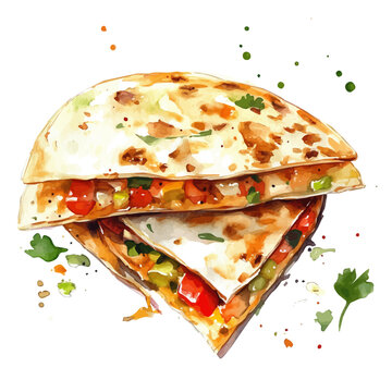 Quesadilla watercolor painterly illustration, semi-realistic fantasy design, magical atmosphere, white background