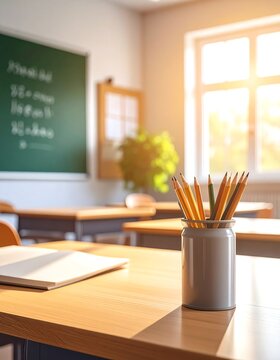Sunlit Classroom Desk with Pencils and Open Notebook