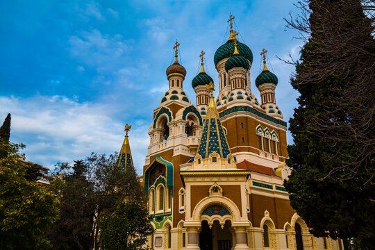 Russian Orthodox cathedral with green domes and golden crosses