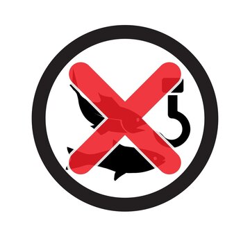 Vector sign "No Fishing" with fish silhouette and hook, red cross-out 